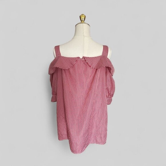 Aimee Womens Gingham Plaid Cold Shoulder Ruffle Off Shoulder Top Prairiecore - Picture 2 of 5